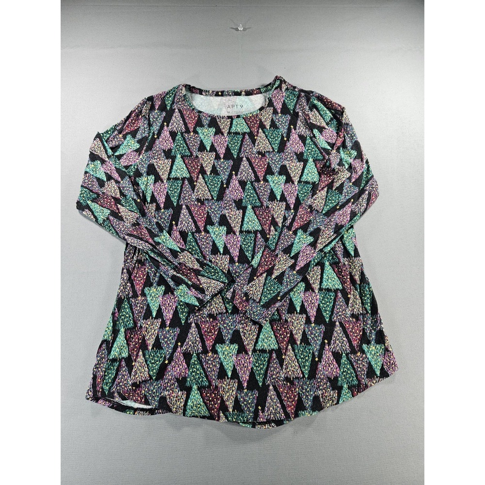 Apt 9 Geometric Christmas Tree Long Sleeve Shirt Women Medium Black Holiday